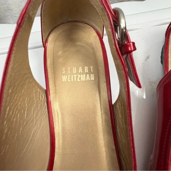 STUART WEITZMAN Chitchat Peep Toe Women’s 7.5 Red Patent Leather Flats - Picture 10 of 10